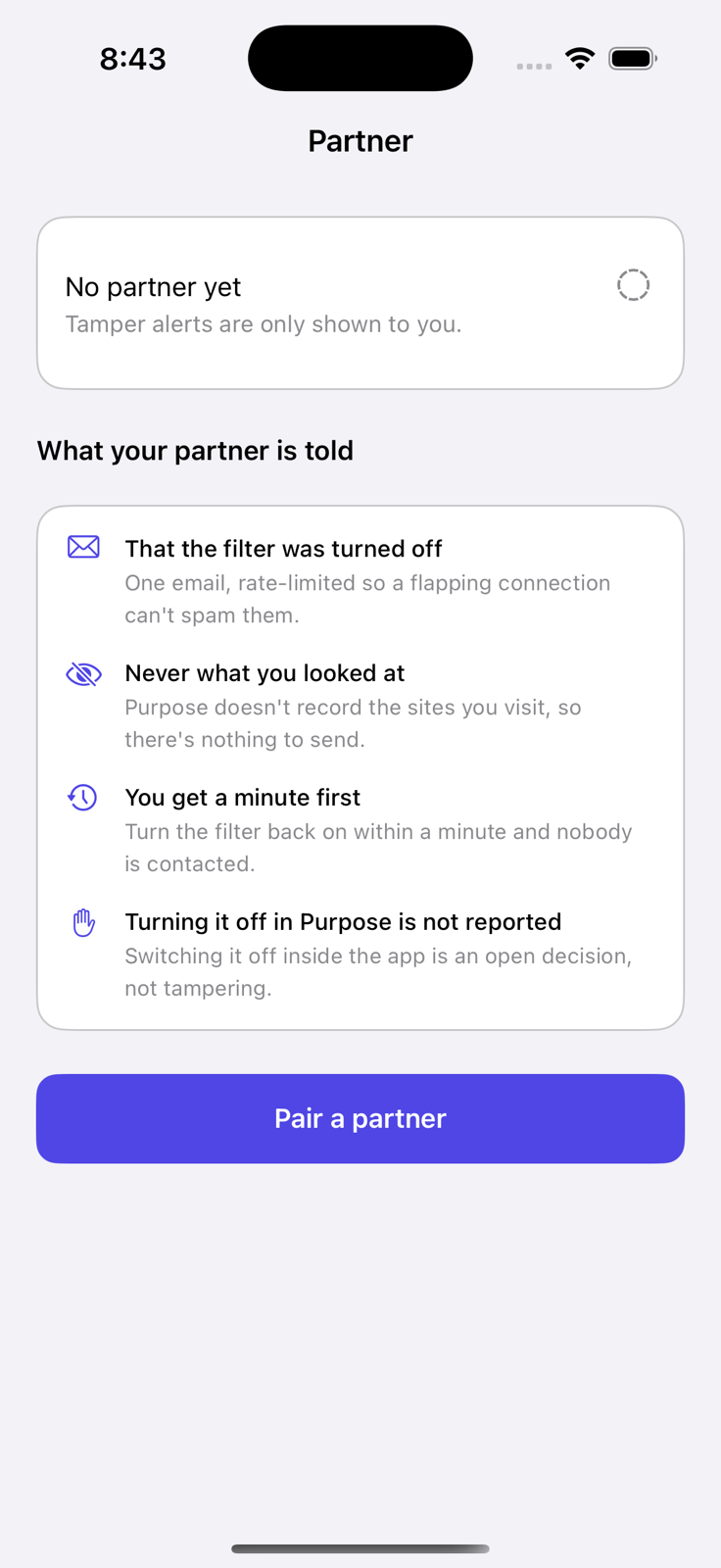 Purpose partner screen explaining private accountability alerts