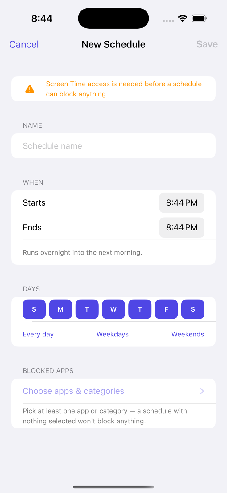 Purpose schedule editor for choosing blocking times and apps